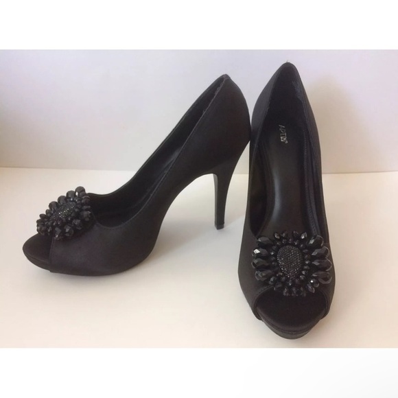 Apt 9 Arden Open Toe Satin Stiletto High Heel Black Beaded Decoration Size 9 - Picture 10 of 12